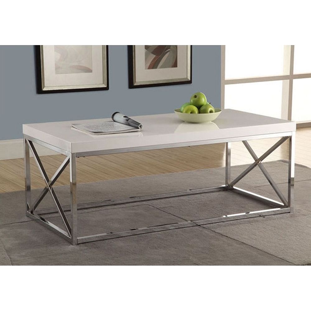 Modern Coffee Table Glossy White Chrome Metal Frame Regarding Glossy Finished Metal Coffee Tables (View 5 of 15)