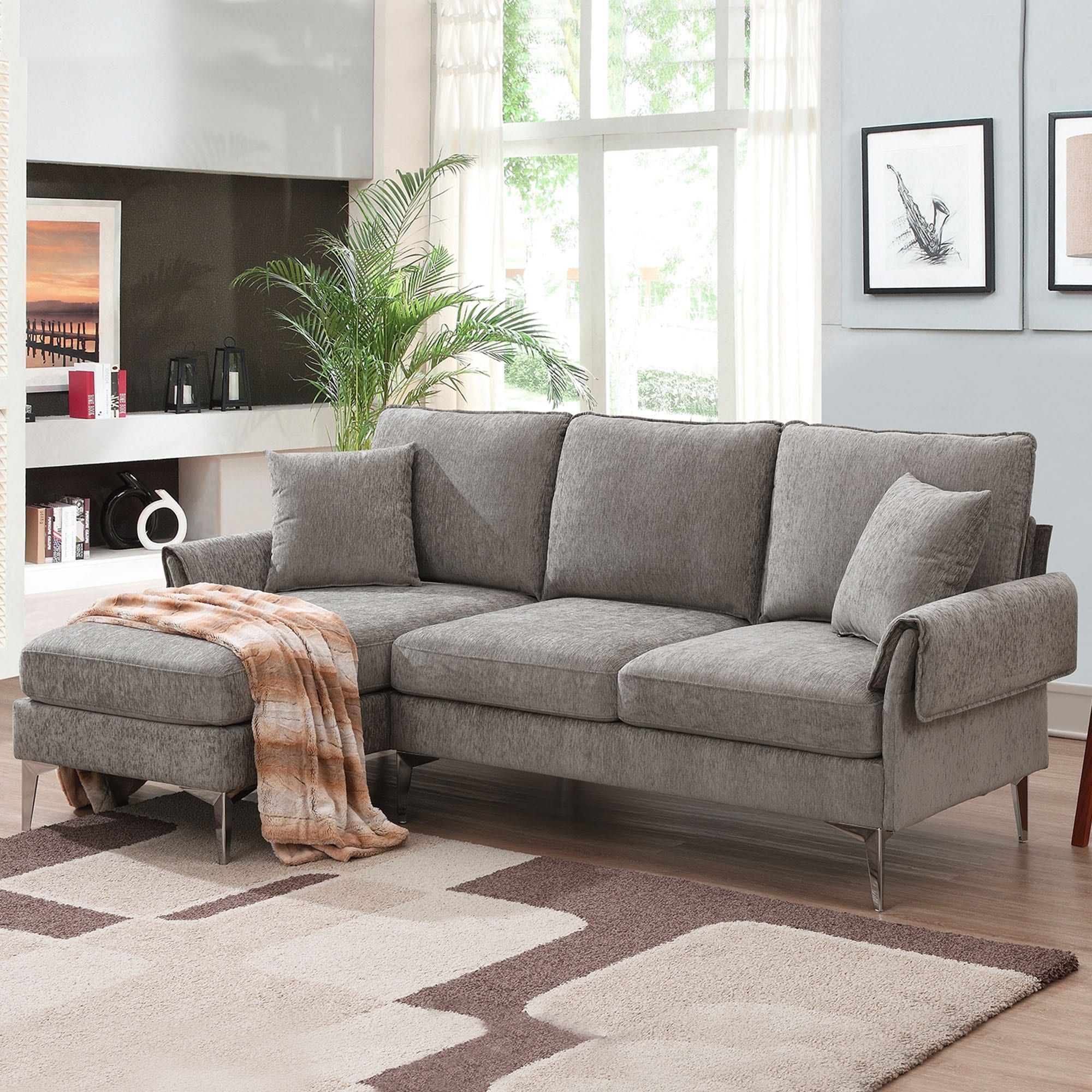 Modern Convertible Sectional Sofa, L Shaped Couch W/reversible Chaise And 2  Pillows – Bed Bath & Beyond – 37256829 Regarding L Shape Couches With Reversible Chaises (View 6 of 15)