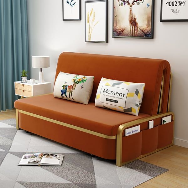 Modern Convertible Sofa Bed With Storage Velvet Upholstery In Caramel Intended For 66&quot; Convertible Velvet Sofa Beds (Photo 10 of 15)