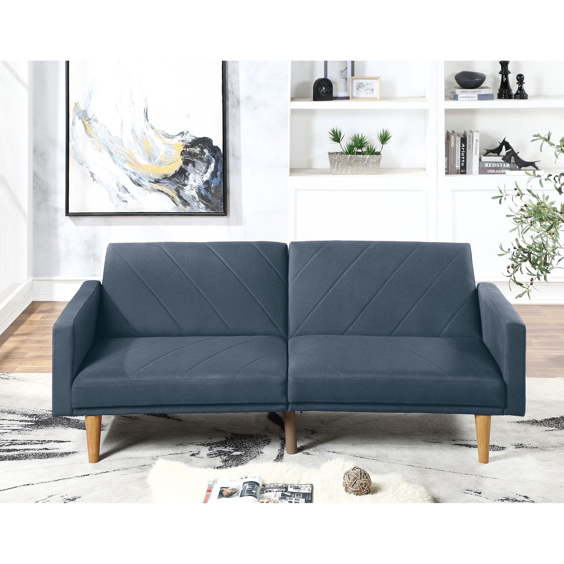 Modern Electric Look 1pc Convertible Sofa Couch Navy Color Linen Like  Fabric Cushion Wooden Legs Living Room – Bed Bath & Beyond – 35204646 Throughout Navy Sleeper Sofa Couches (View 7 of 15)
