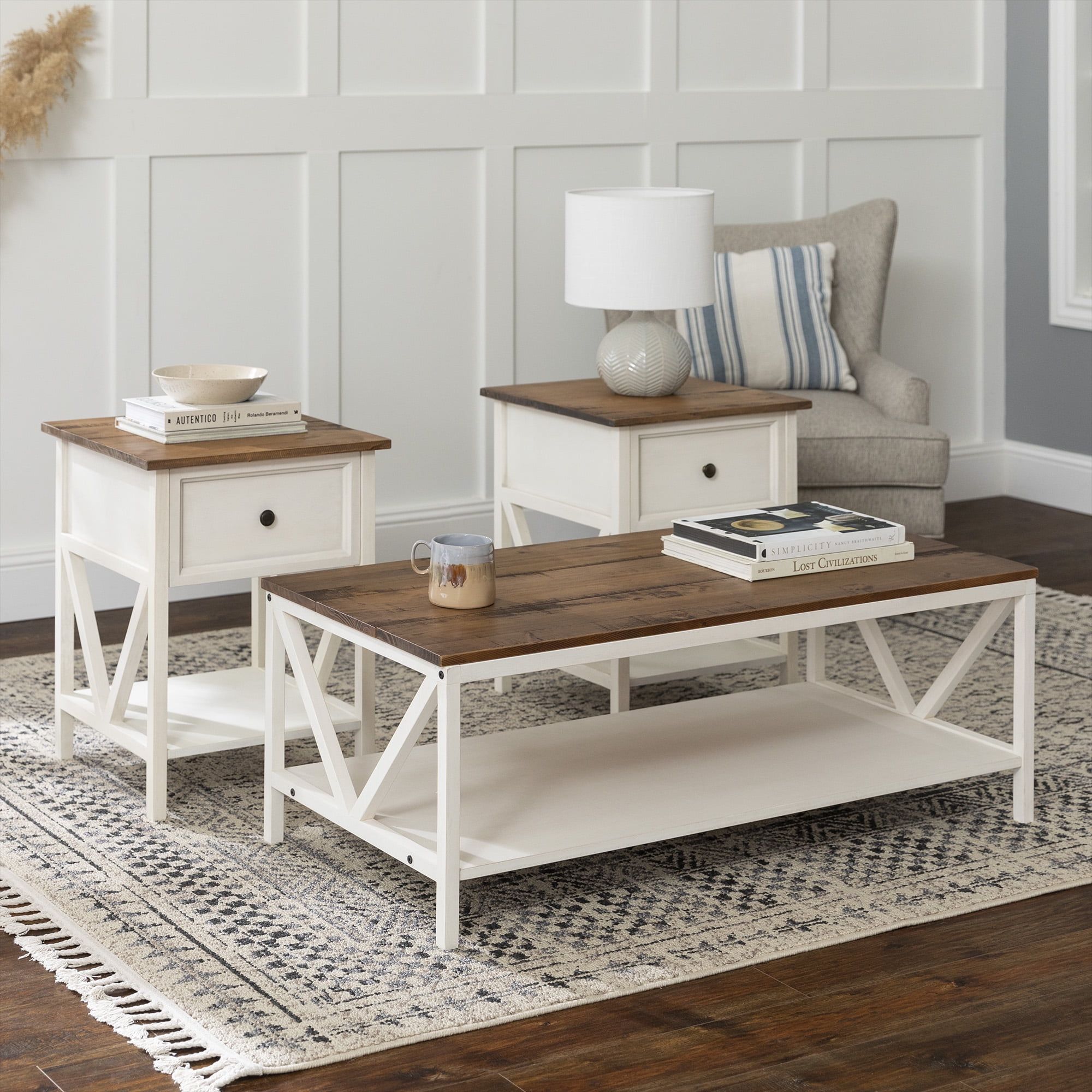 Modern Farmhouse Accent Table Set, Distressed White – Walmart Inside White T Base Seminar Coffee Tables (View 12 of 15)