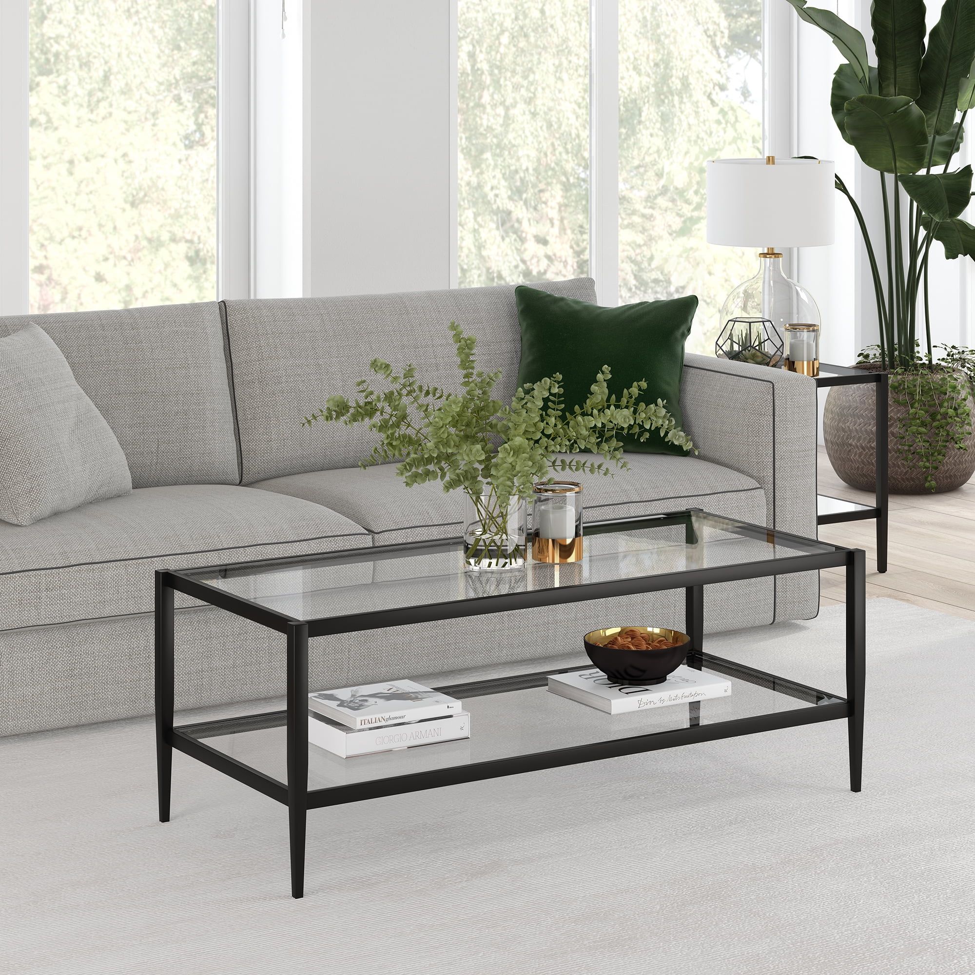 Modern Glass Coffee Table, Rectangular Cocktail Table In Blackened Regarding Rectangular Coffee Tables With Pedestal Bases (View 9 of 15)