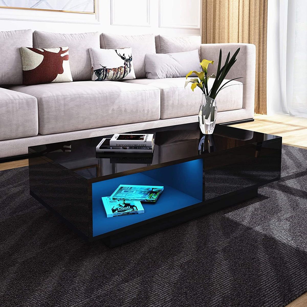 Modern High Gloss Coffee Table With Drawers, Led Sofa Side End Desk Intended For Coffee Tables With Drawers And Led Lights (Photo 4 of 15)