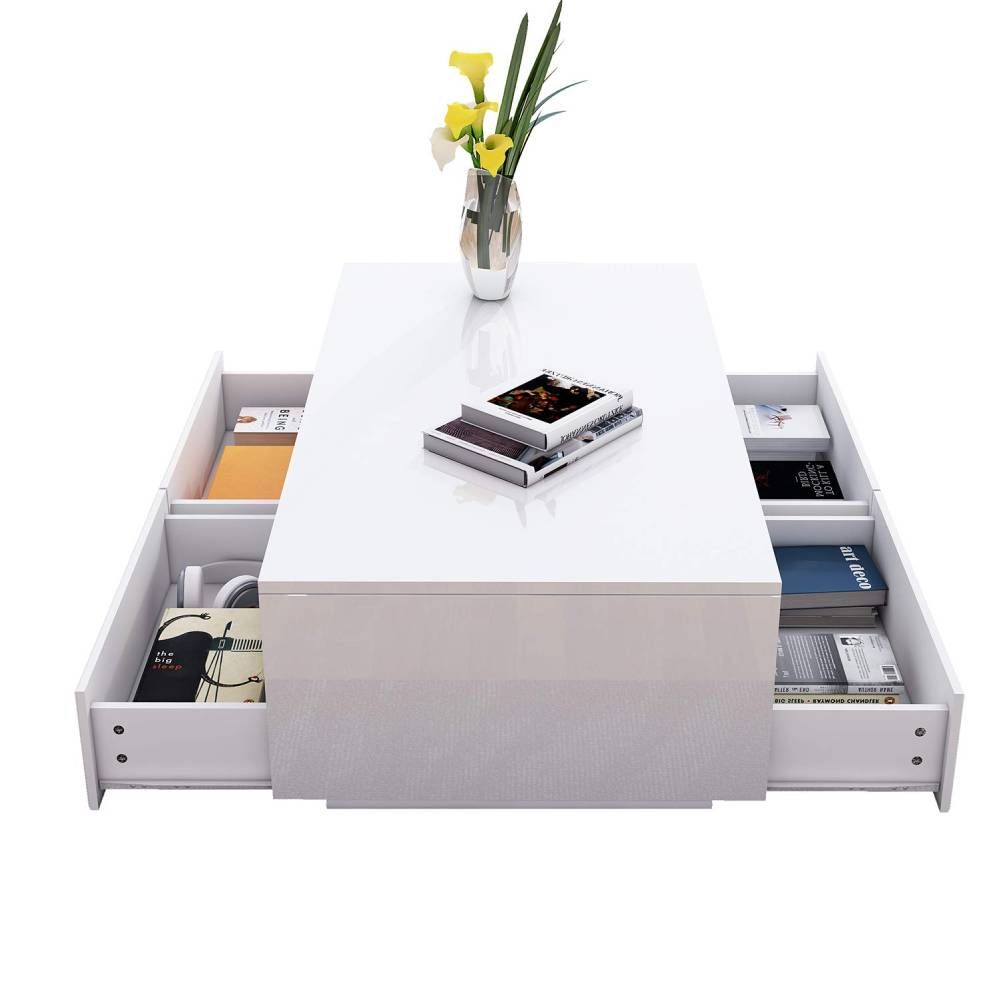 Modern High Gloss White Led Light Coffee Table W/4 Drawers Living Room Within Led Coffee Tables With 4 Drawers (Photo 13 of 15)