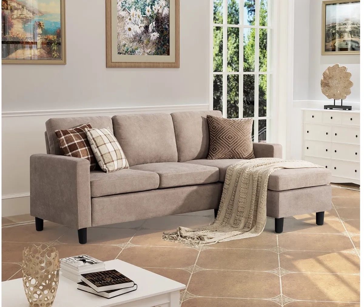 Modern L Shaped Section￼al Sofa With Linen Fabric(dark Beige) (khaki Color)  | Ebay Intended For Small L Shaped Sectional Sofas In Beige (Photo 6 of 15)