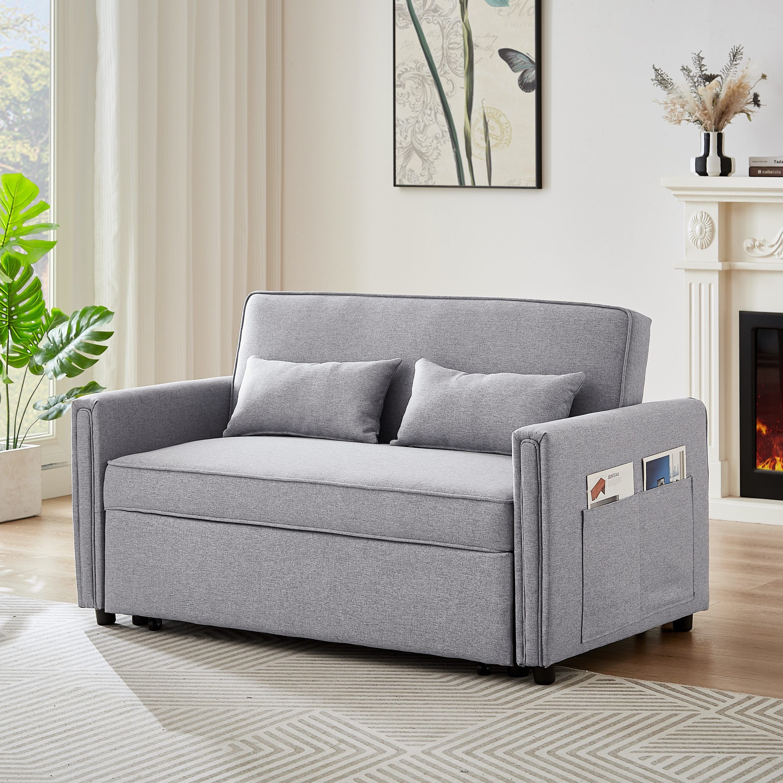 Modern Linen Convertible Loveseat Sleeper Sofa Couch With Adjustable  Backrest, Pull Out Bed And 2 Lumbar Pillows, Grey – Bed Bath & Beyond –  38373427 In Convertible Gray Loveseat Sleepers (Photo 3 of 15)