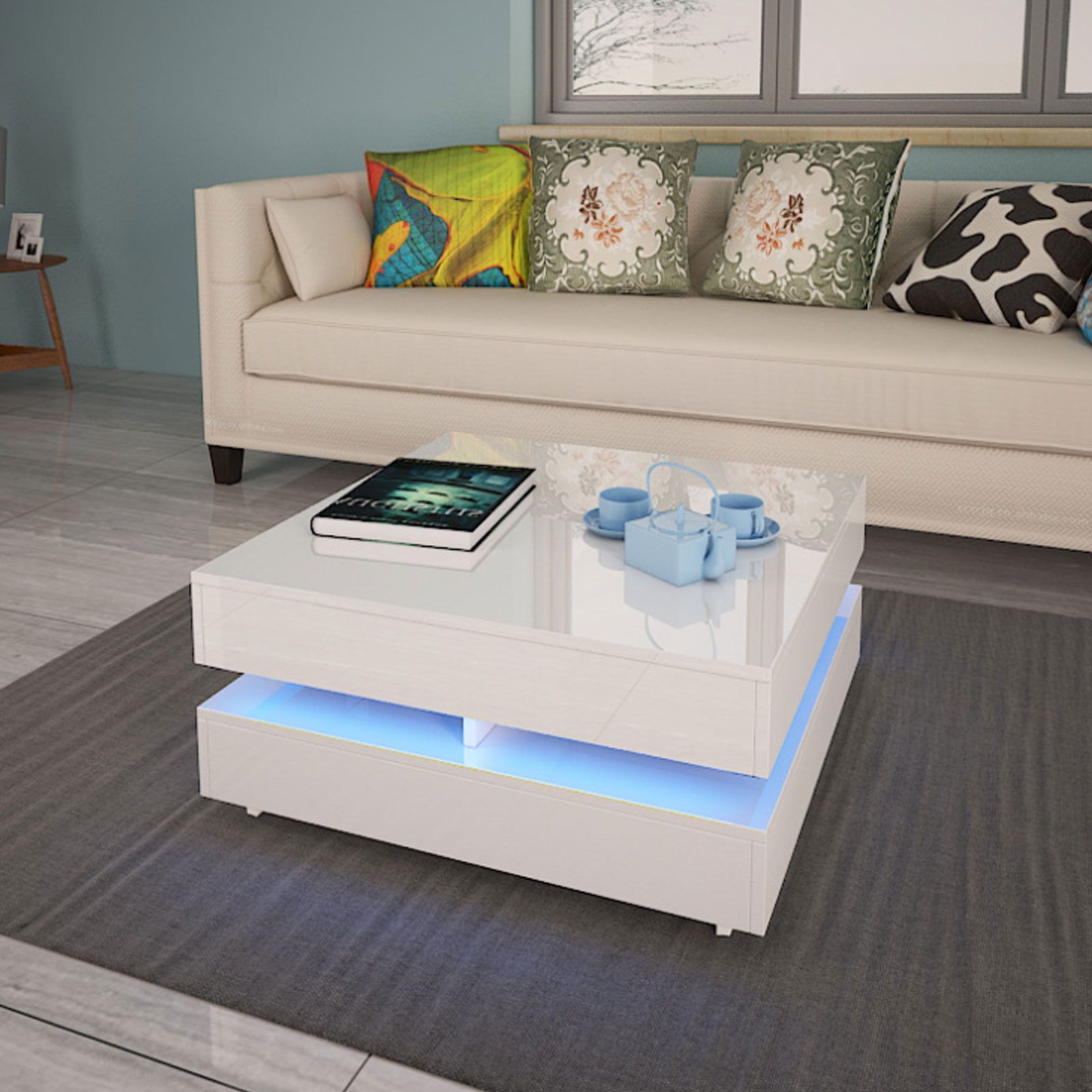 Modern Modern Glossy White Coffee Table W/ Led Lighting, 2 Tier Throughout Coffee Tables With Led Lights (View 9 of 15)
