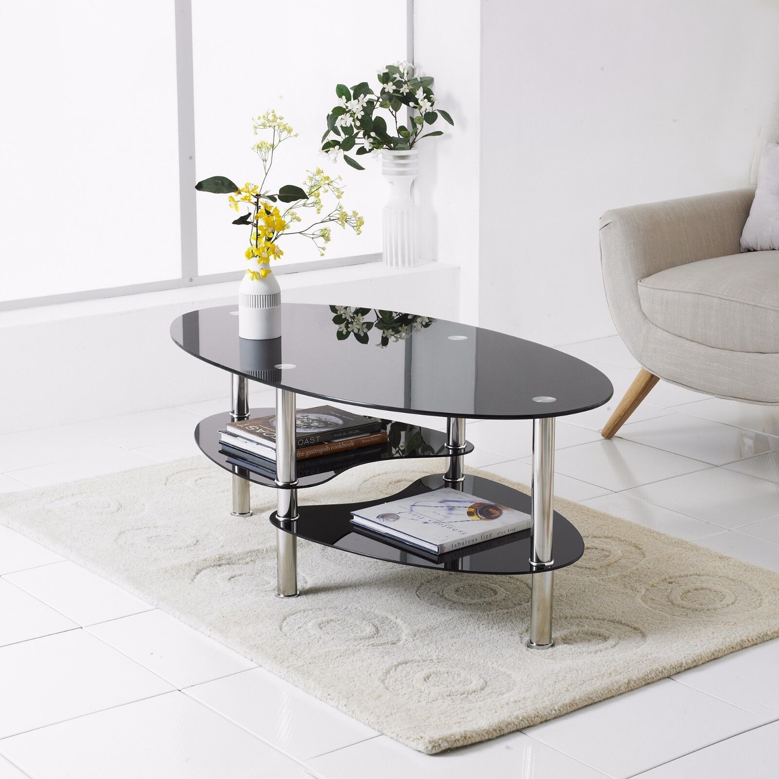 Modern Rectangle Oval Glass & Chrome Living Room Coffee Table With With Glass Coffee Tables With Lower Shelves (View 3 of 15)