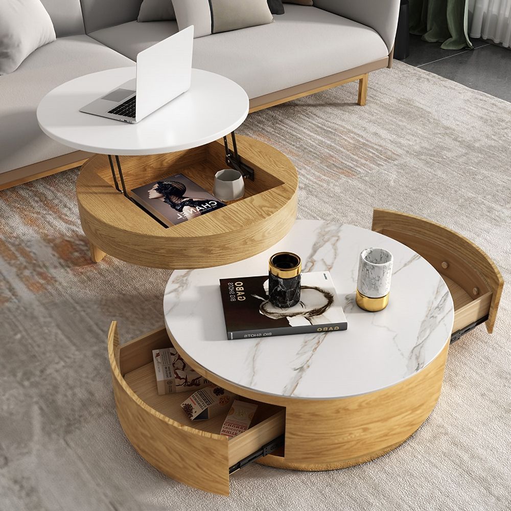 Modern Round Coffee Table With Storage Lift Top Wood & Stone Coffee In Modern Wooden Lift Top Tables (View 10 of 15)