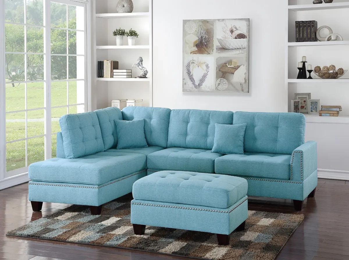 Modern Sectional Sofa L Shaped Couch Tufted Nailhead Trim Ottoman Blue Linen  | Ebay Pertaining To Modern Blue Linen Sofas (Photo 10 of 15)