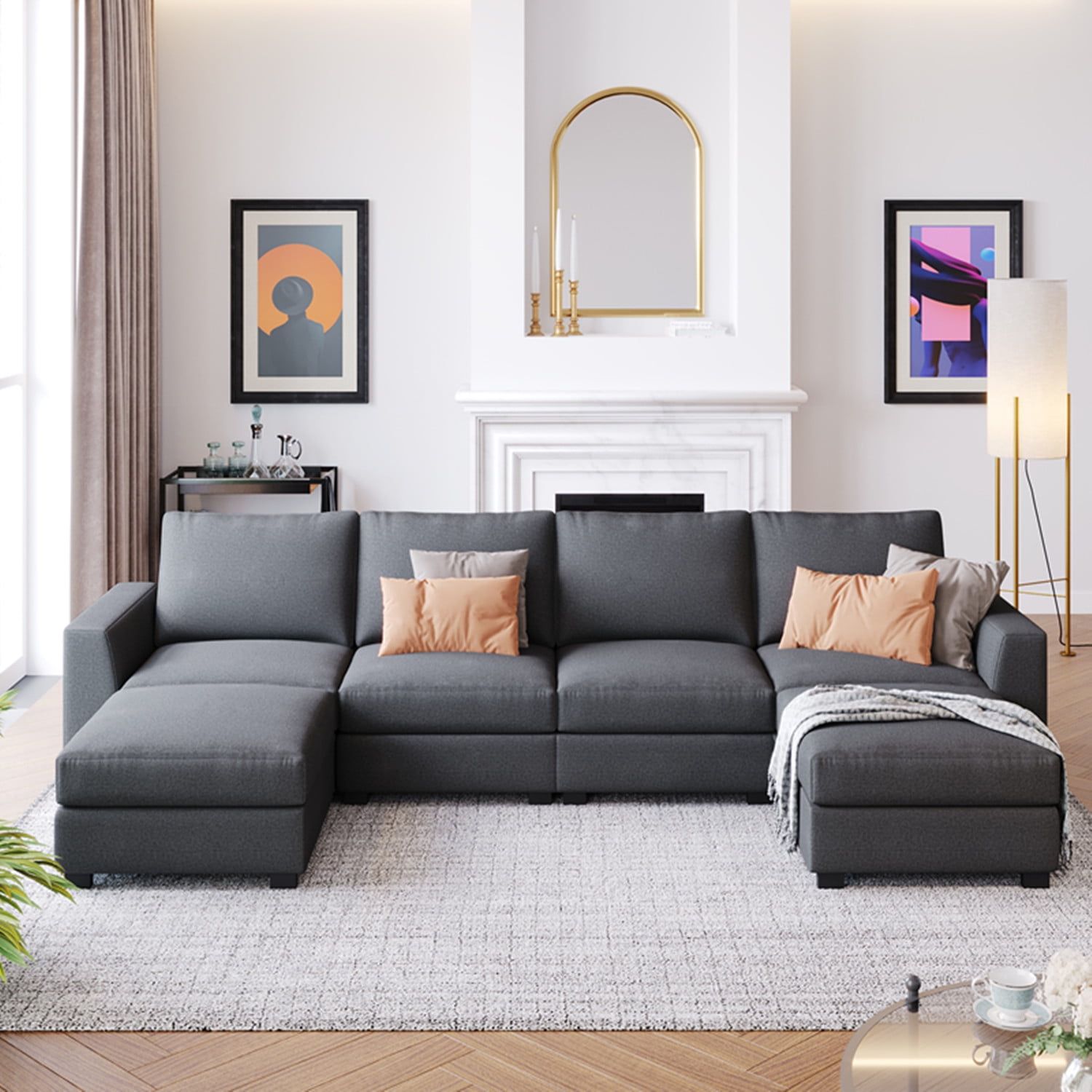 Modern U Shaped Sectional Sofa Set, Convertible Modular Sectional Sofa With  2 Removable Ottomans 3 Pieces Upholstered Couch Set 6 Seater Sofa Sleeper  For Living Room Apartment, Gray – Walmart With Modern U Shape Sectional Sofas In Gray (Photo 1 of 15)