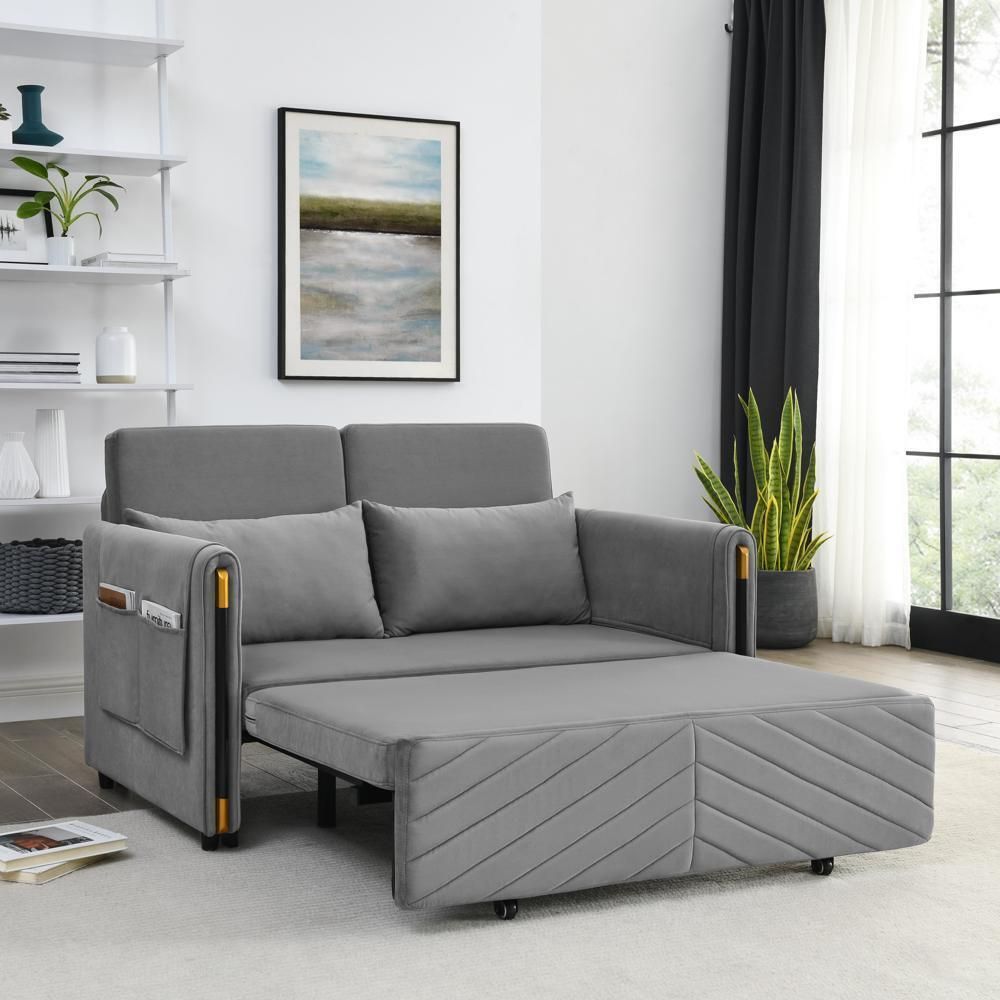 Modern Velvet Convertible Sofa Bed With 2 Detachable Arm Pockets 2 Pillows  Grey | Ebay For 2 In 1 Gray Pull Out Sofa Beds (View 11 of 15)