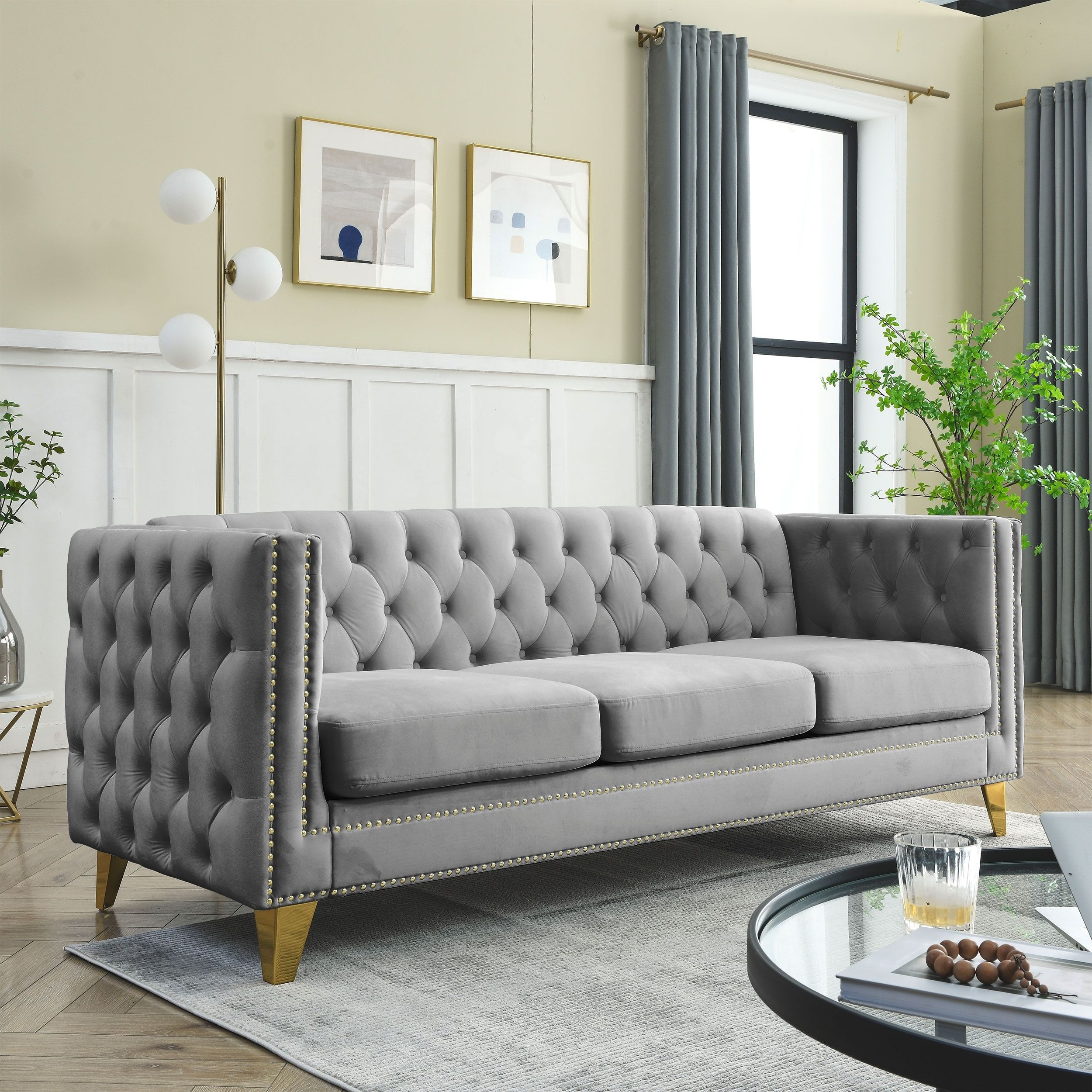 Modern Velvet Upholstered Sofa Buttons Tufted Square Arm Couch With  Nailheads And Metal Legs Sofa For Living Room – On Sale – Bed Bath & Beyond  – 38075401 Throughout Tufted Upholstered Sofas (View 5 of 15)