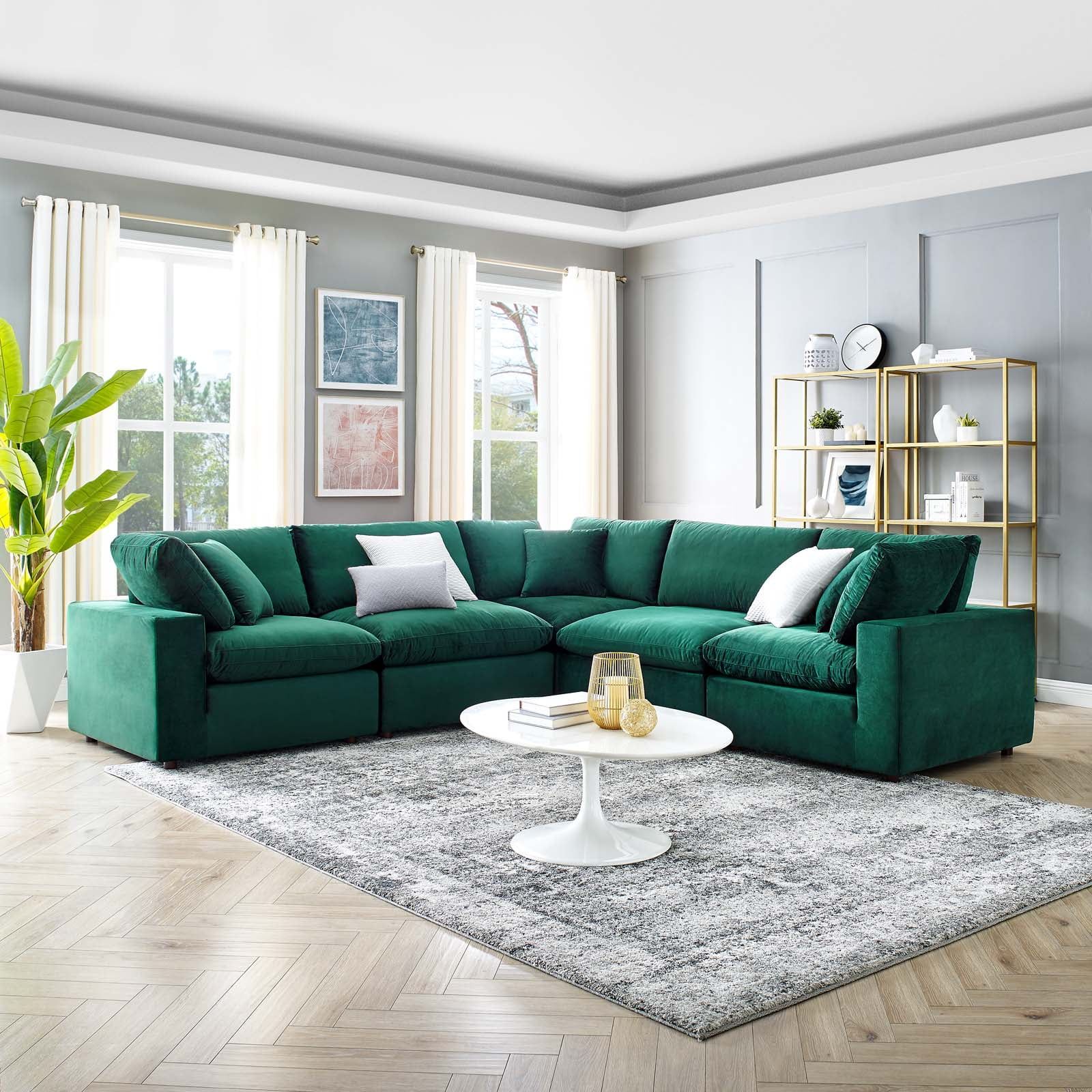Modway Commix Down Filled Overstuffed Performance Velvet 5 Piece Sectional  Sofa In Green – Walmart Intended For Green Velvet Modular Sectionals (View 8 of 15)