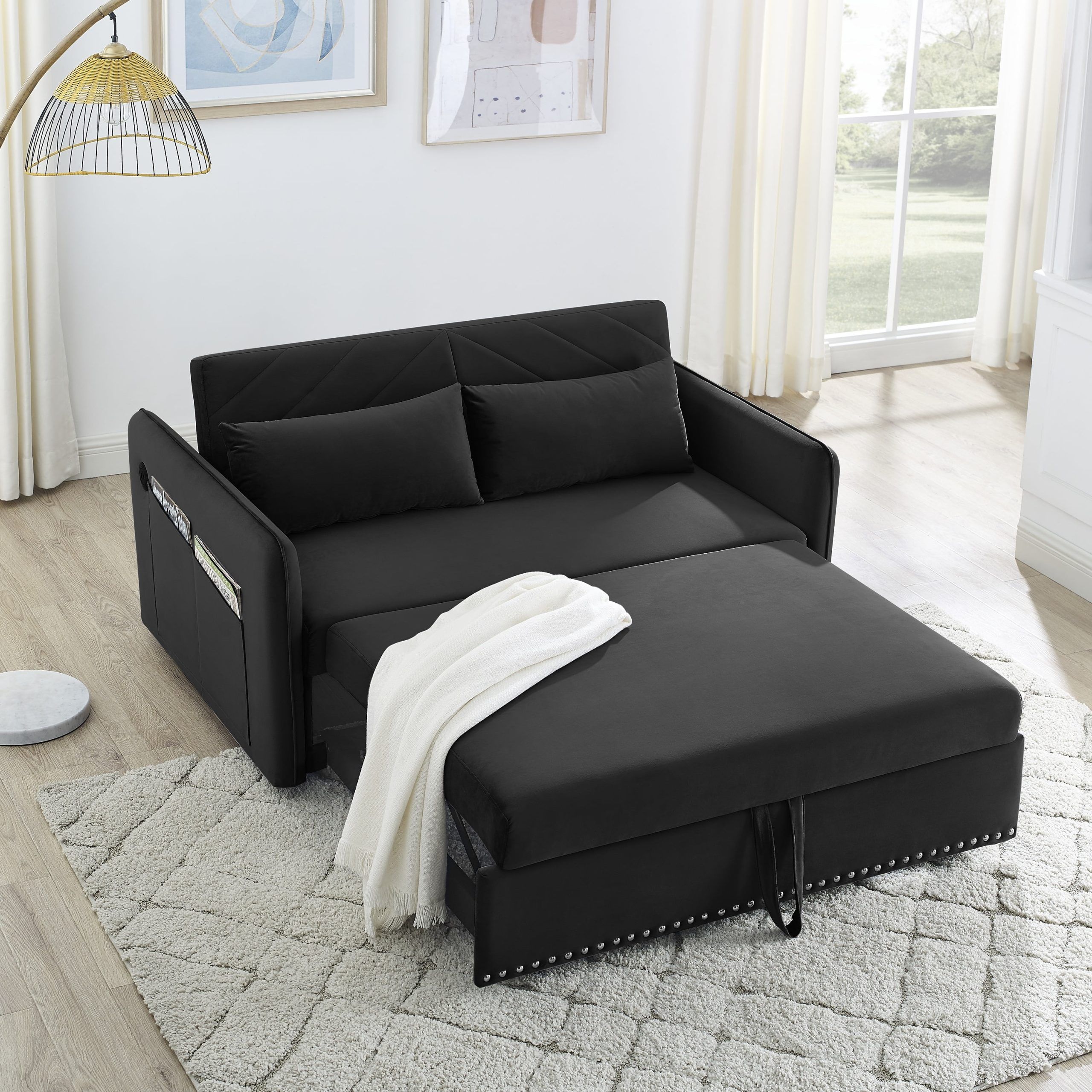 Momspeace 3 In 1 Sleeper Sofa Couch Bed With 2 Usb Ports, 55" Velvet  Convertible Loveseat With Pull Out Sofa Bed For Living Room – Black –  Walmart With 3 In 1 Gray Pull Out Sleeper Sofas (View 8 of 15)