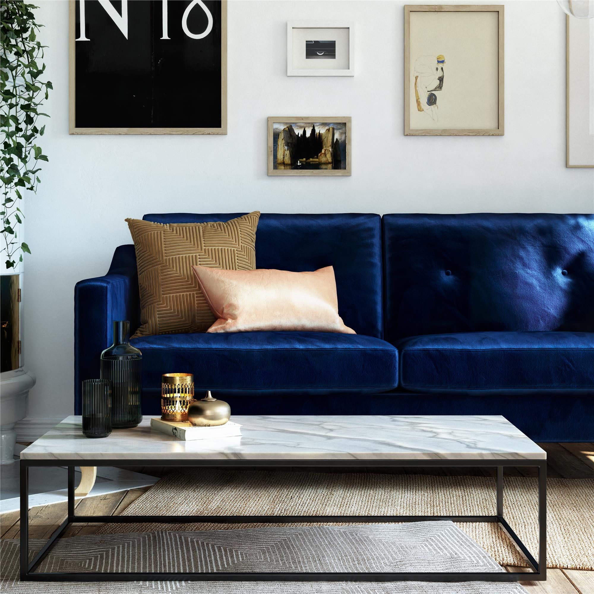 Mr. Kate Tess Sofa With Soft Pocket Coil Cushions, Small Space Living Room  Furniture, Blue Velvet – Walmart Intended For Navy Linen Coil Sofas (Photo 4 of 15)