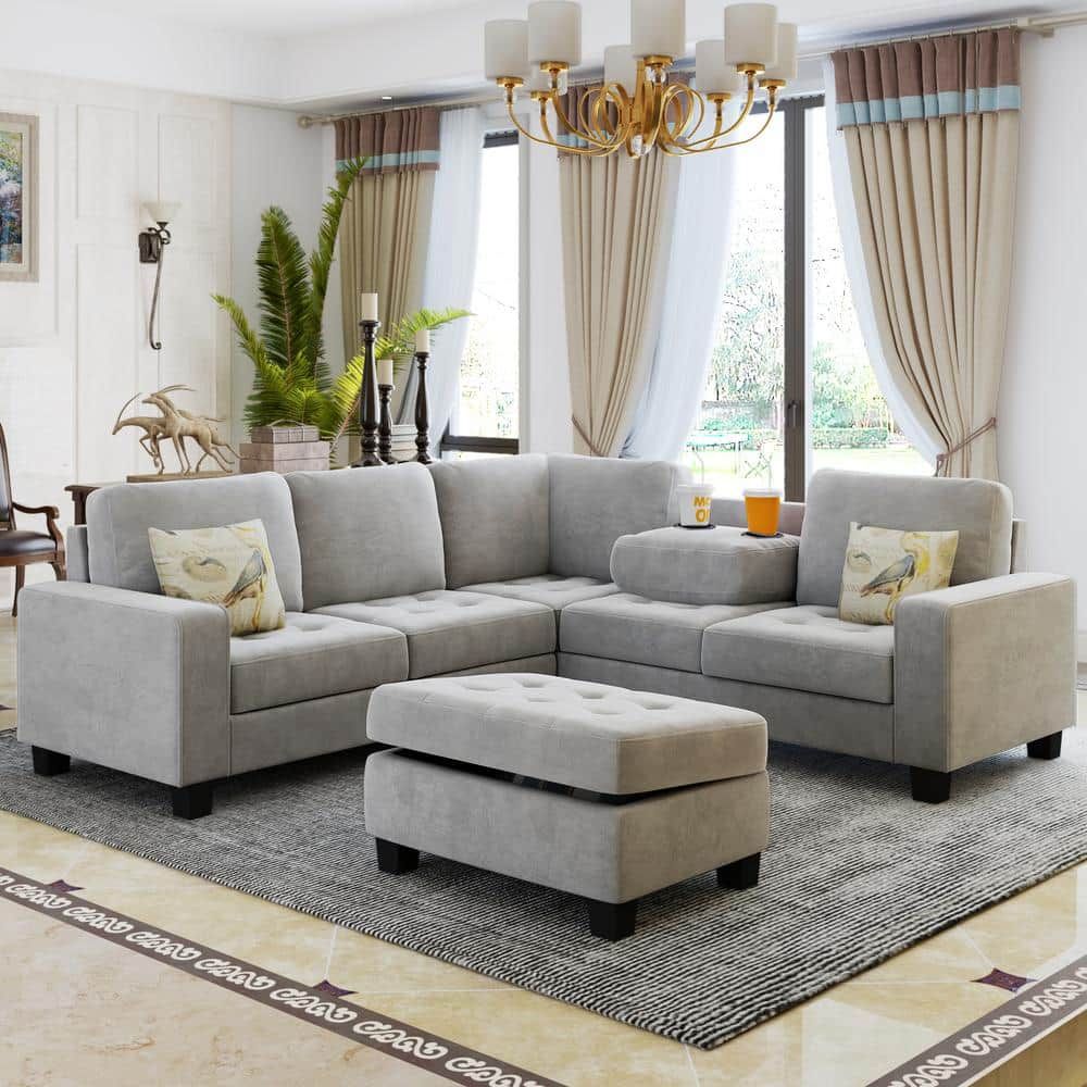 Nestfair 85 In. Square Arm 3 Piece Velvet Upholstered Sectional Sofa In Light  Gray With Storage Ottoman S10045a – The Home Depot Within Sofas In Light Gray (Photo 12 of 15)
