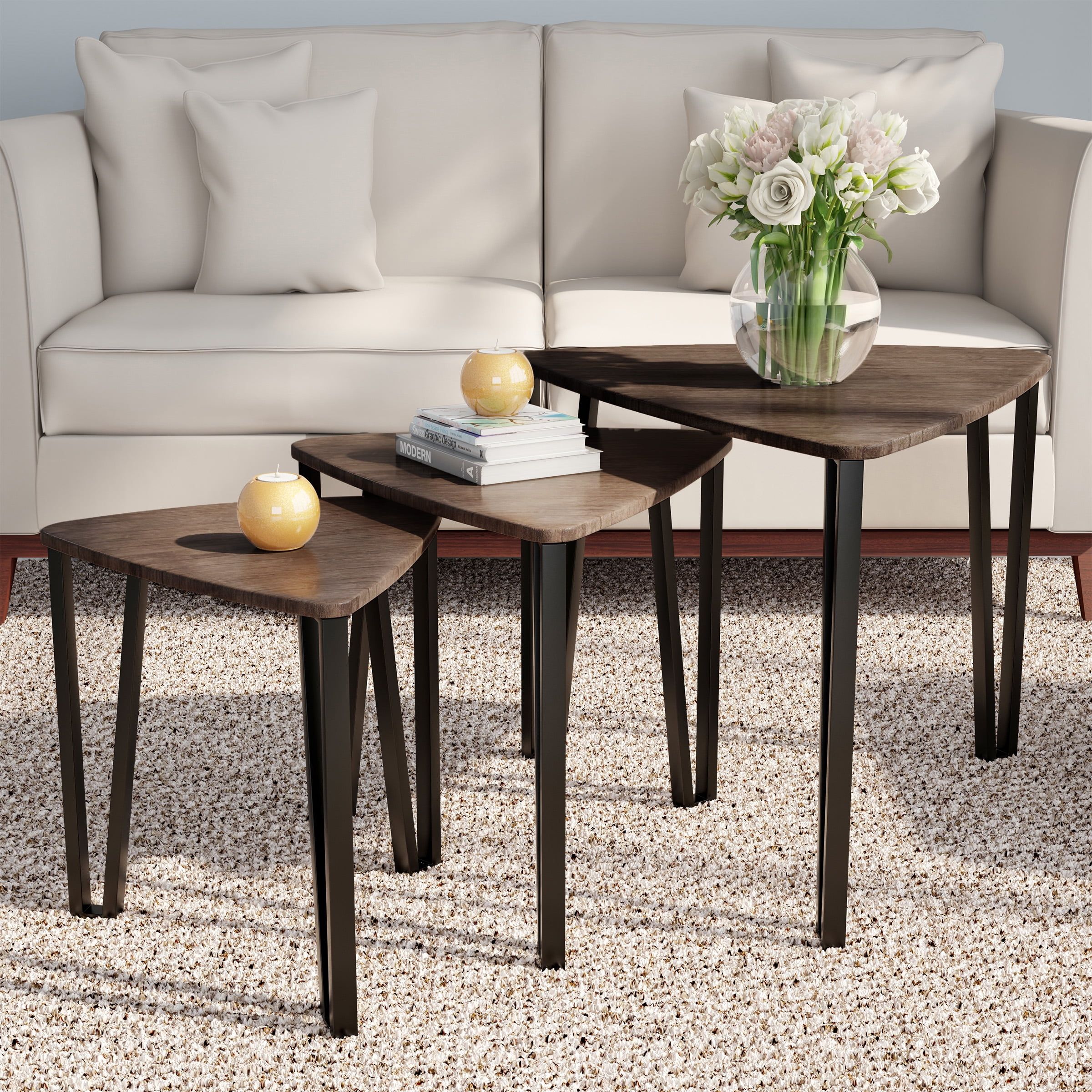 Nesting Tables Set Of 3 Modern Woodgrain Look For Living Room Coffee Regarding Coffee Tables Of 3 Nesting Tables (Photo 7 of 15)