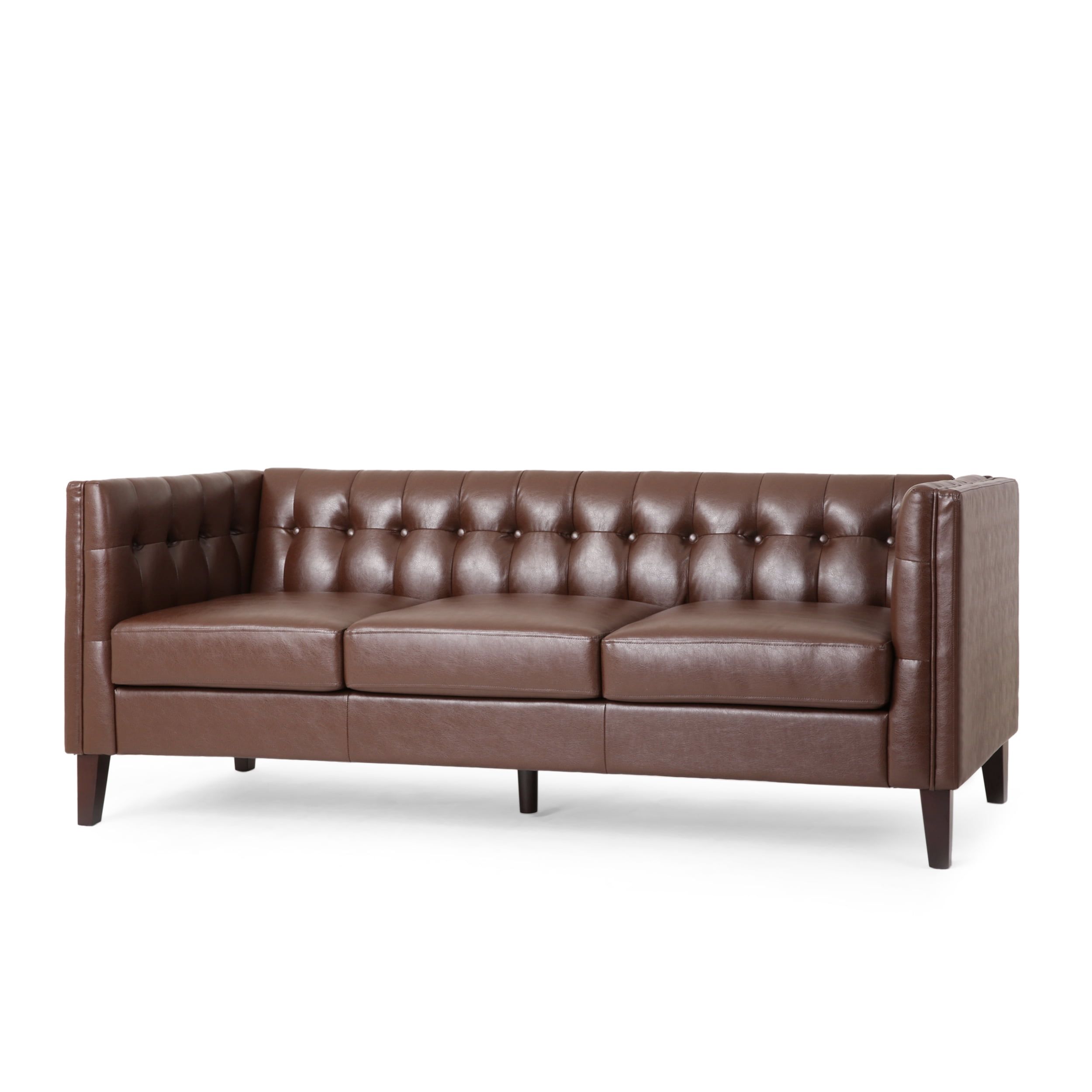 Noble House Sadlier Faux Leather Tufted 3 Seater Sofa, Dark Brown –  Walmart Within Faux Leather Sofas In Dark Brown (View 15 of 15)