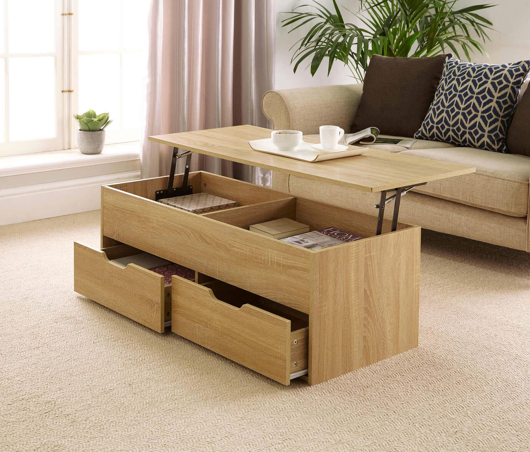 Oak Wooden Coffee Table With Lift Up Top And 2 Large Storage Drawers In Lift Top Coffee Tables With Storage Drawers (View 5 of 15)