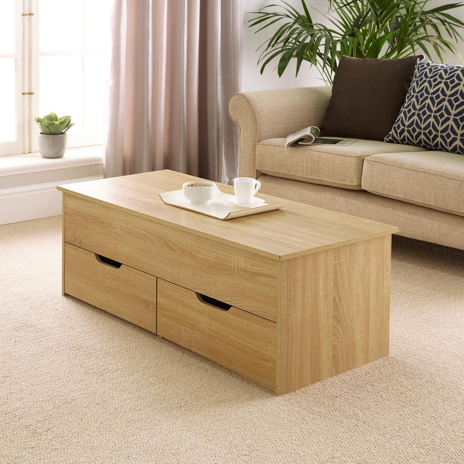 Oak Wooden Coffee Table With Lift Up Top And 2 Large Storage Drawers Regarding Lift Top Coffee Tables With Storage Drawers (View 9 of 15)
