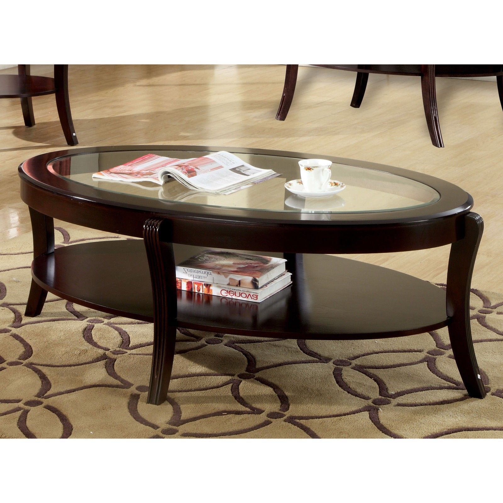 Oval Coffee Cocktail Table Wood Expresso Fin. Tempered Beveled Glass Pertaining To Wood Tempered Glass Top Coffee Tables (Photo 12 of 15)