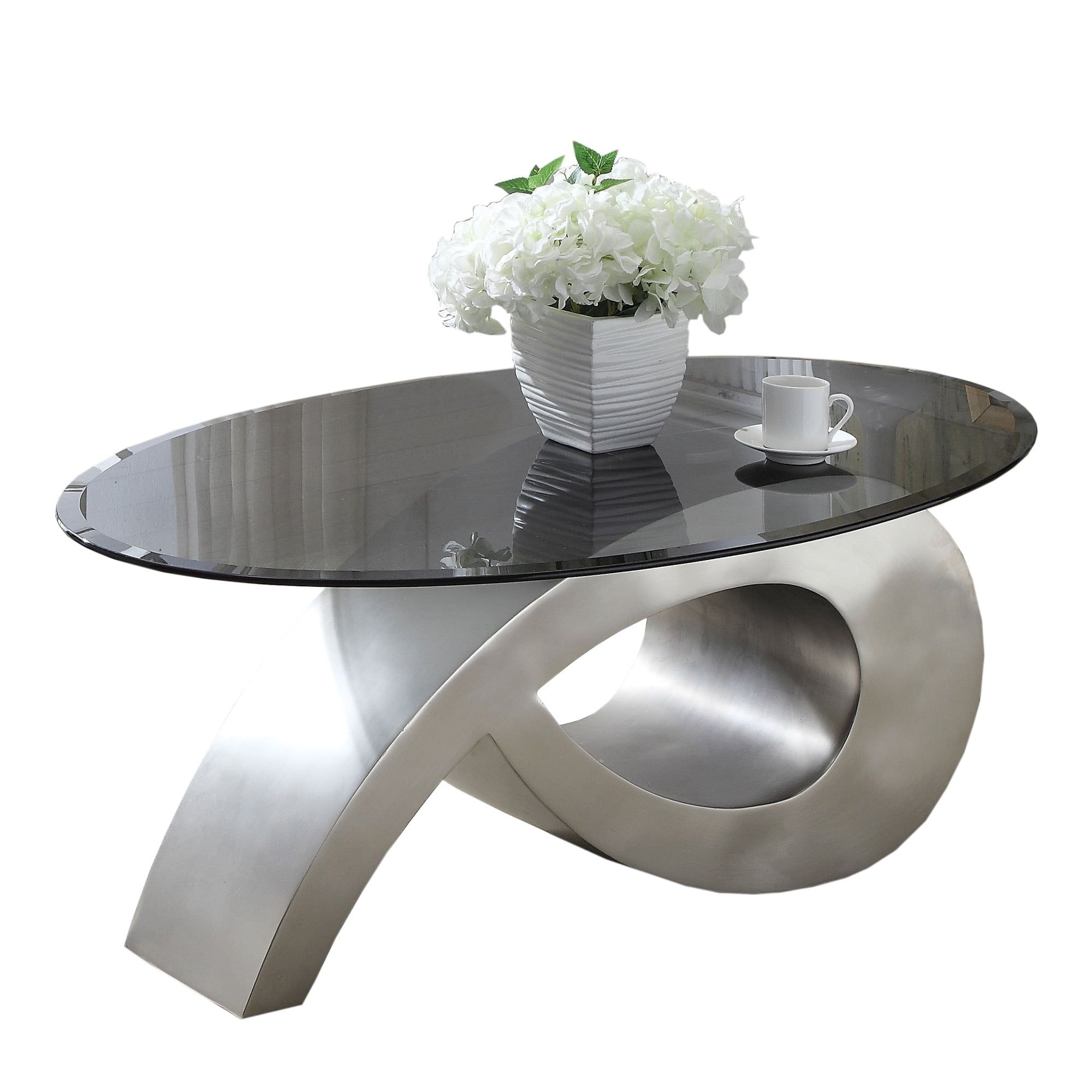 Oval Glass Coffee Table With Unique Metal Base, Black And Silver With Regard To Oval Glass Coffee Tables (View 12 of 15)