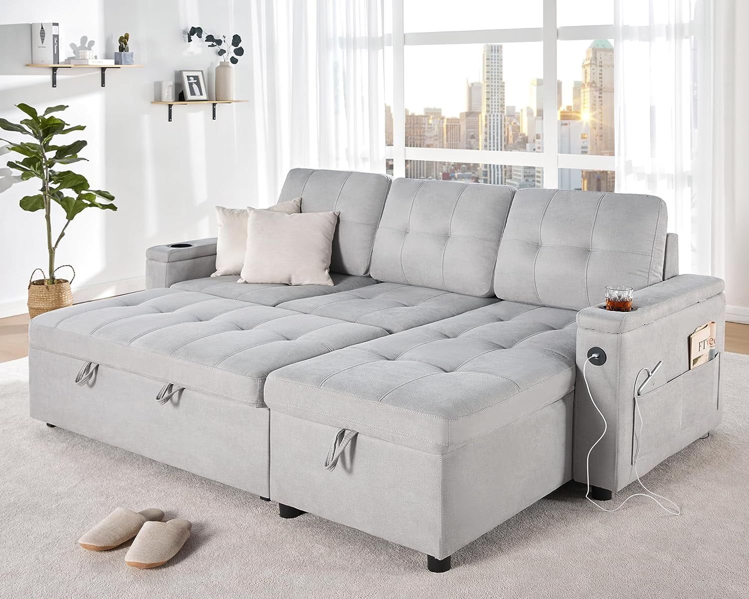 Papajet Sleeper Sofa, Modern Tufted Convertible Sofa Bed, Usb Charging  Ports & Cup Holders, L Shaped Sofa Couch With Storage Chaise, Linen Couches  For Living Room (light Grey) – Walmart Pertaining To Tufted Convertible Sleeper Sofas (Photo 4 of 15)