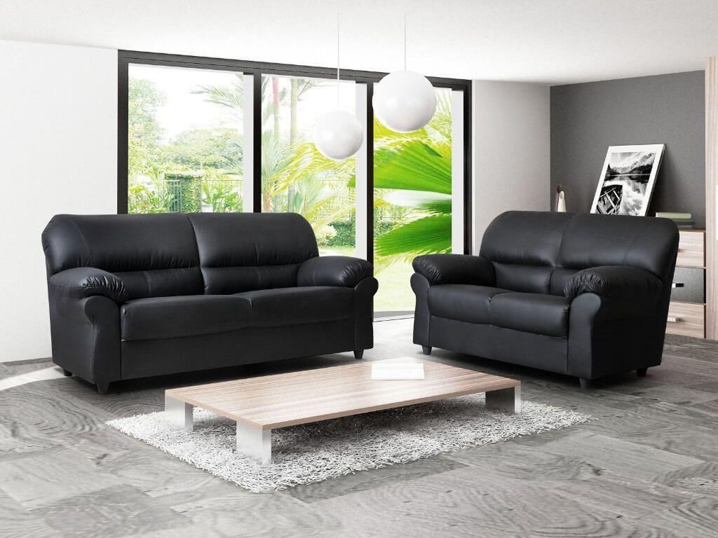 Polo Three & Two Black Faux Leather Sofa Room Set In Traditional Black Fabric Sofas (Photo 11 of 15)