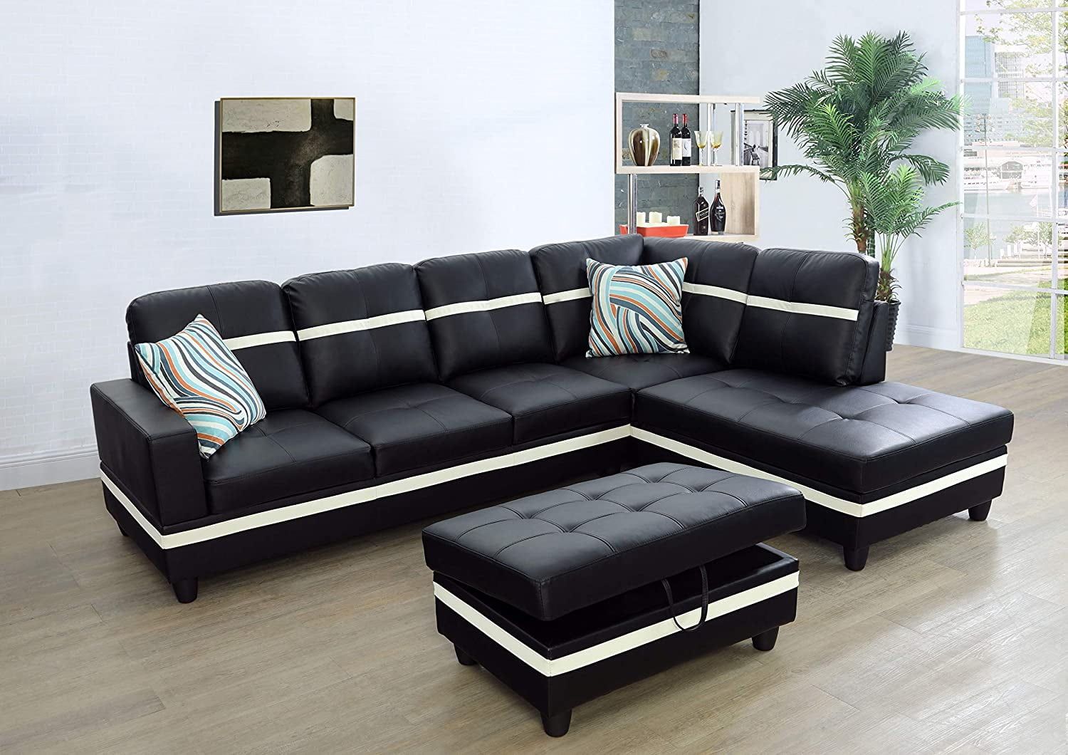 Ponliving Furniture Faux Leather 3 Piece Sectional Sofa Couch Set, L Shaped  Modern Sofa With Chaise Storage Ottoman And Pillows For Living Room  Furniture – Walmart In 3 Piece Leather Sectional Sofa Sets (Photo 13 of 15)