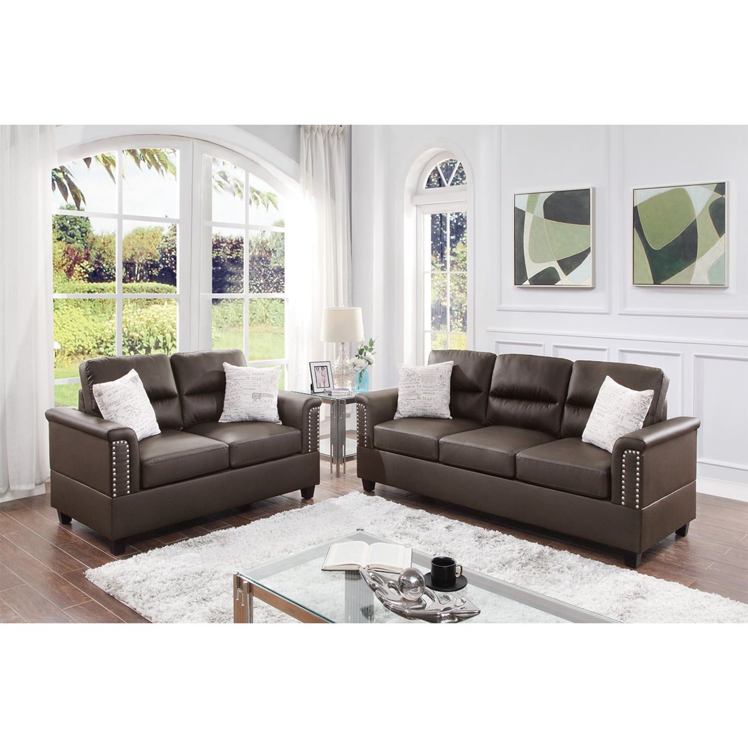 Poundex Furniture 2 Piece Faux Leather Sofa And Loveseat Set In Espresso  Color – Walmart Regarding Faux Leather Sofas In Chocolate Brown (View 15 of 15)