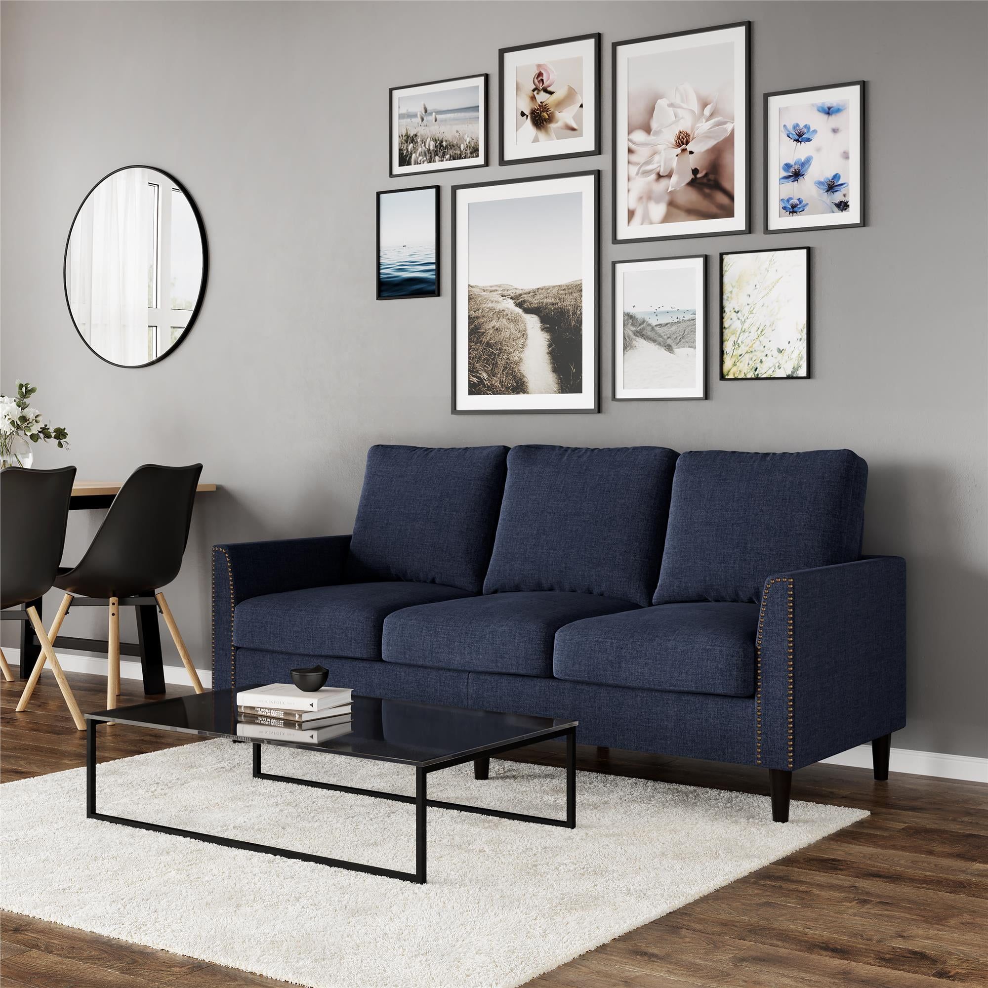 Queer Eye Cambridge Sofa With Nailhead Trim, Modern Couch, Blue Linen –  Walmart Throughout Modern Blue Linen Sofas (Photo 7 of 15)