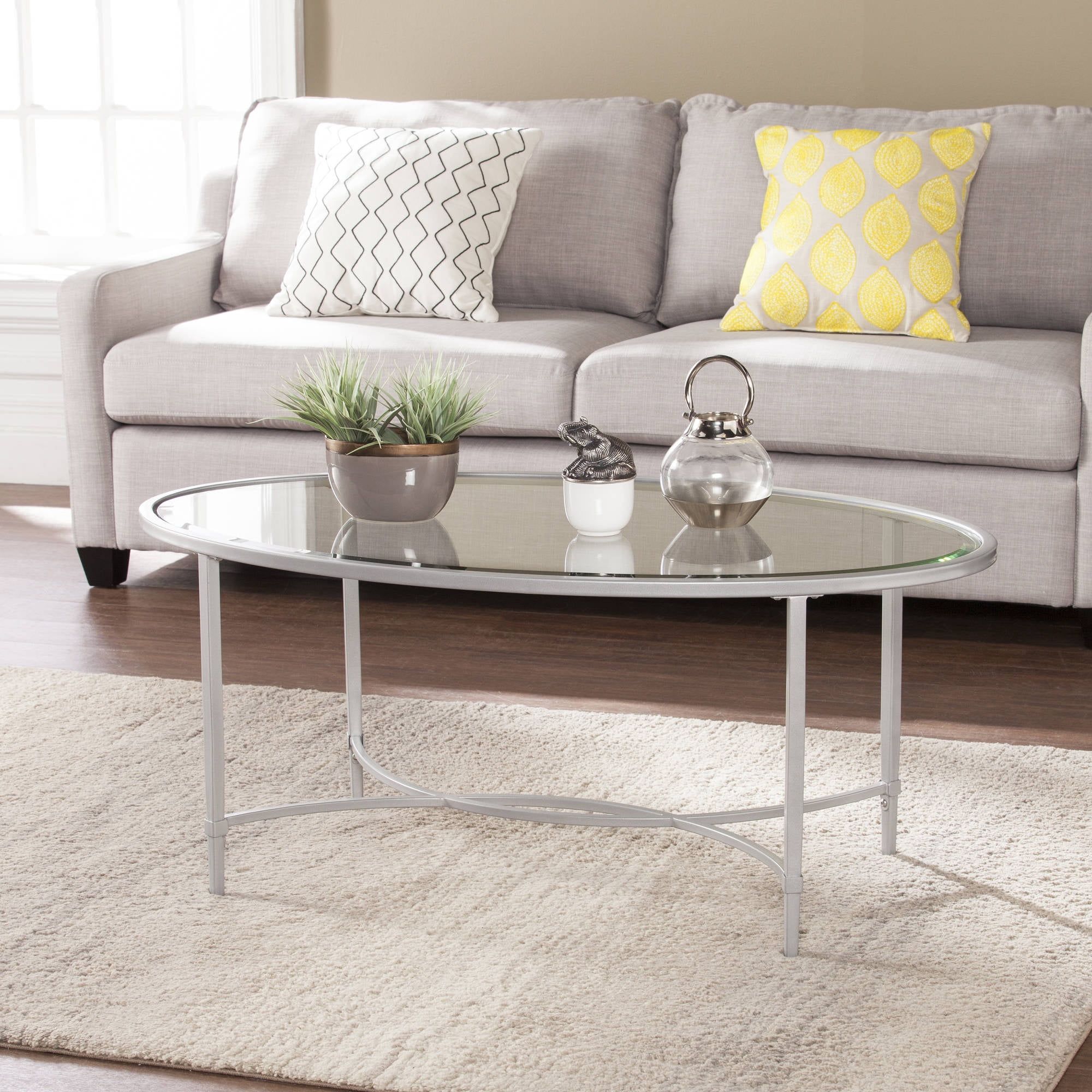 Quibilah Metal/glass Oval Coffee Table, Silver – Walmart Pertaining To Oval Glass Coffee Tables (Photo 6 of 15)