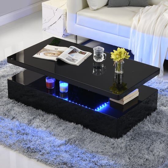 Quinton Glass Top High Gloss Coffee Table In Black With Led | Furniture Intended For High Gloss Black Coffee Tables (View 9 of 15)