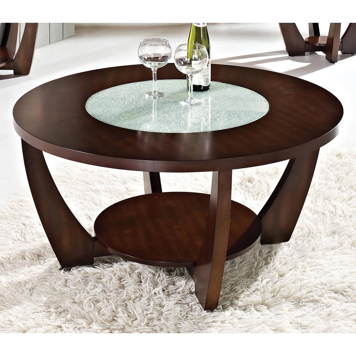 Rafael Round Coffee Table – Crackled Glass, Dark Cherry Wood | Dcg Stores Within Round Coffee Tables (View 10 of 15)