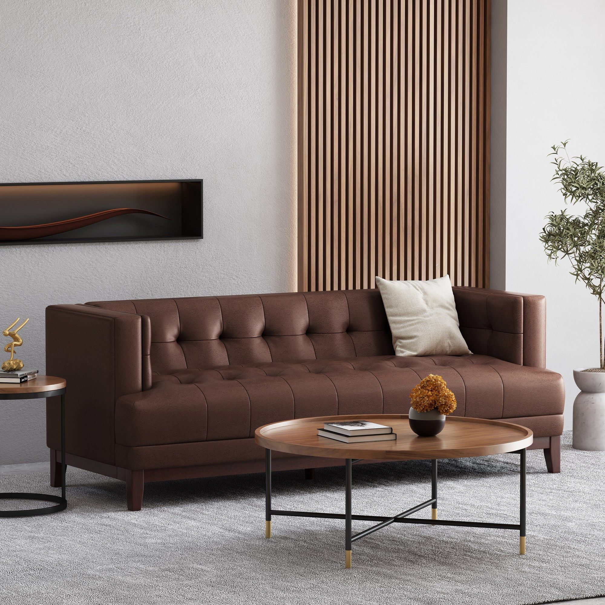 Raintree Mid Century Modern Faux Leather Tufted 3 Seater Sofa, Dark Brown  And Espresso Pertaining To Mid Century 3 Seat Couches (View 11 of 15)