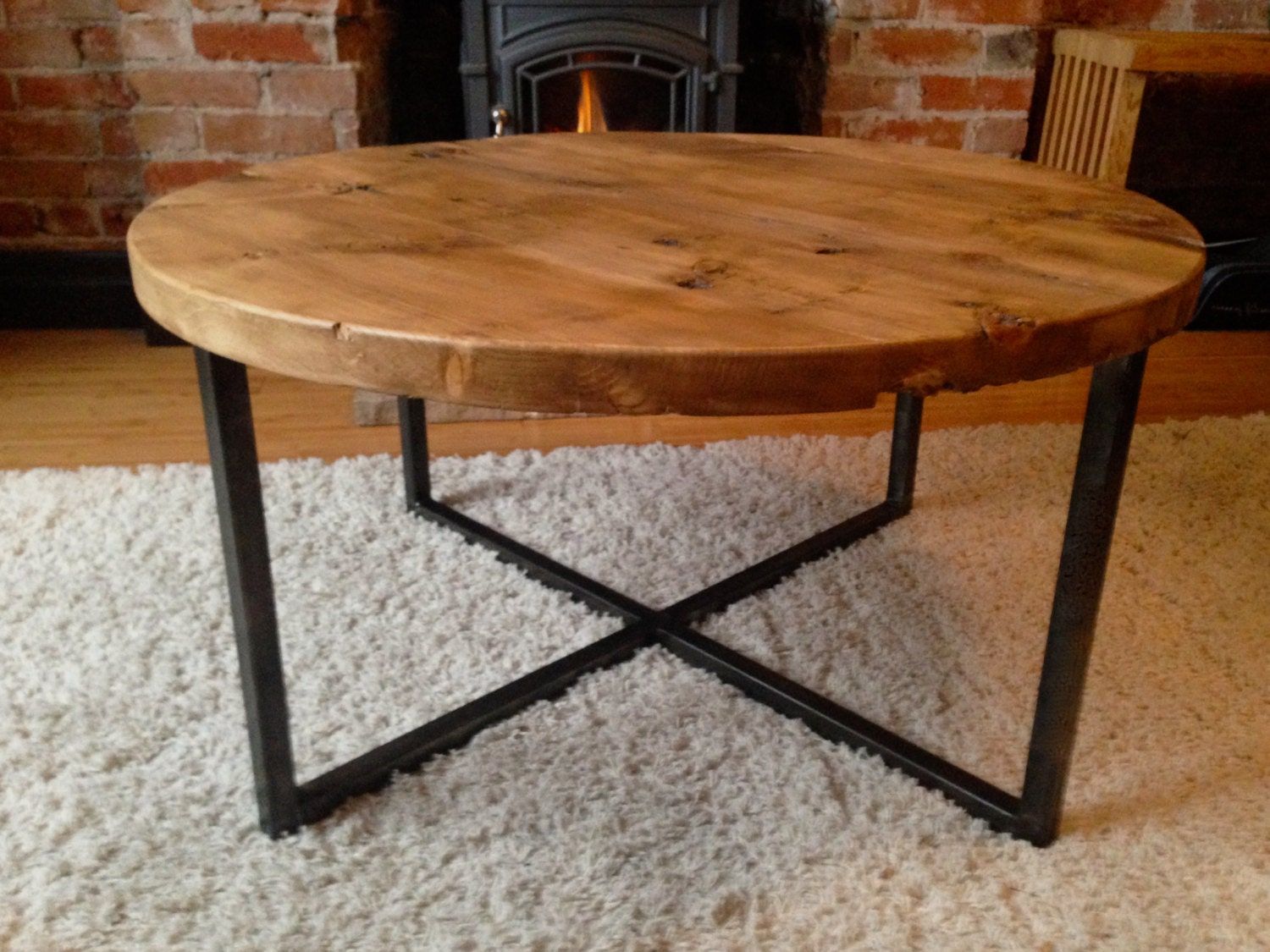 Reclaimed Barn Wood Round Coffee Table With Metal Base Inside Coffee Tables With Round Wooden Tops (Photo 15 of 15)