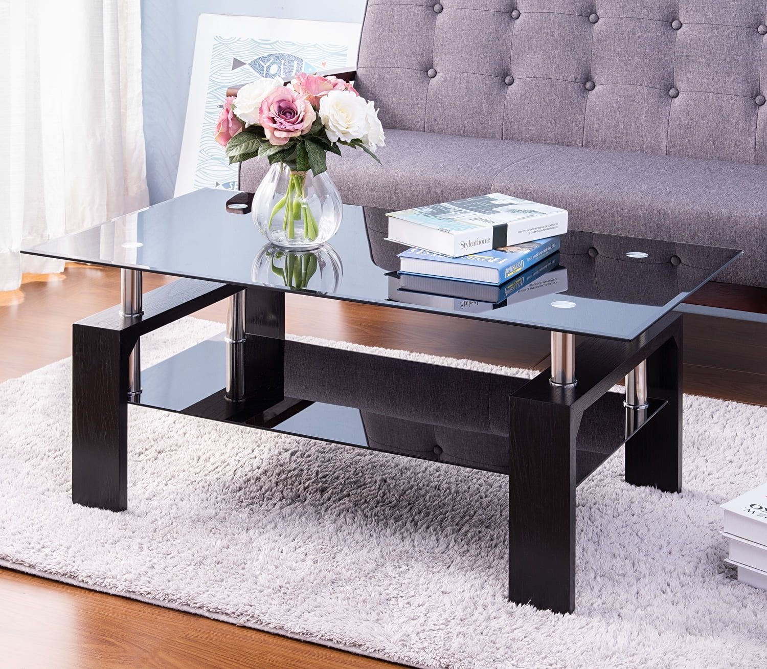 Rectangle Glass Coffee Table, Modern Side Center Table With Shelf Inside Tempered Glass Coffee Tables (Photo 13 of 15)