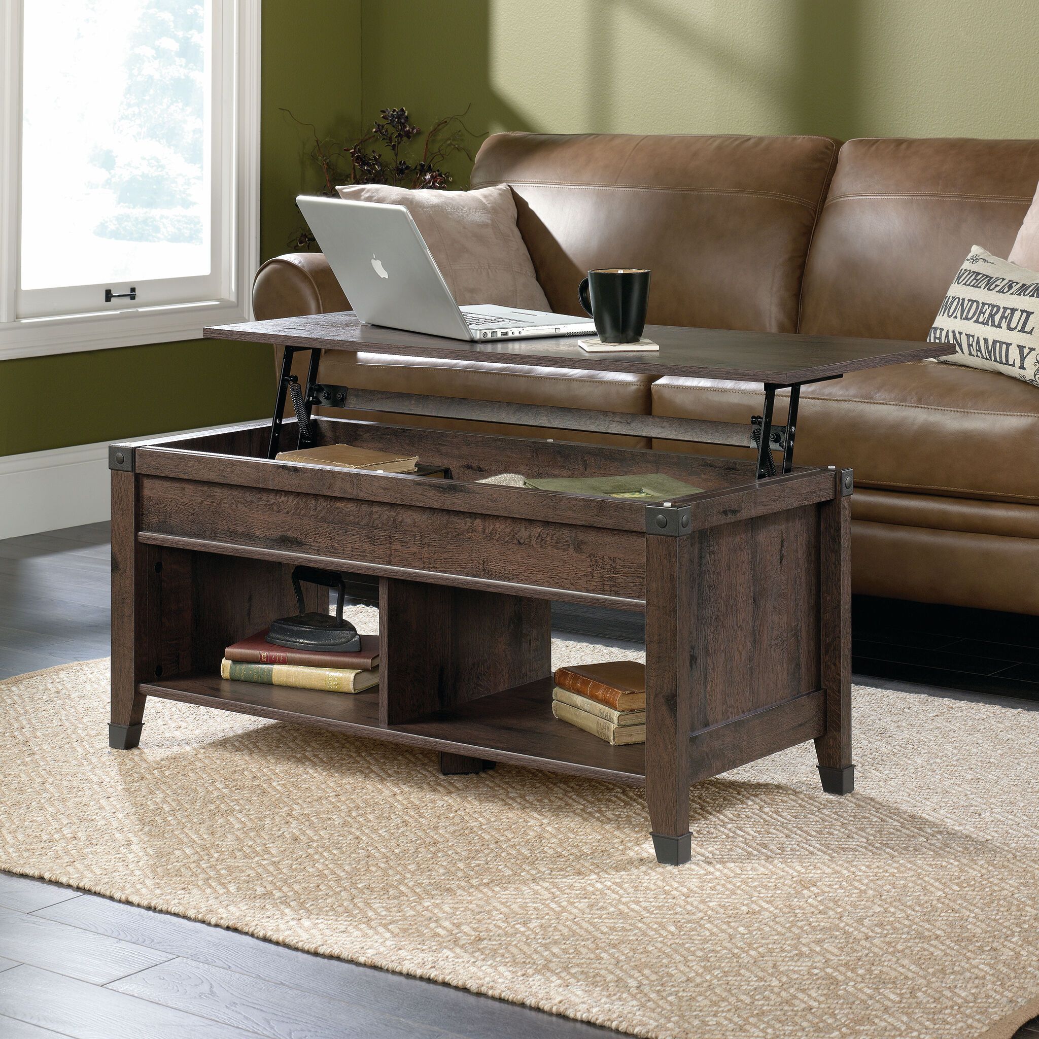 Rectangular Lift Top Contemporary Coffee Table In Coffee Oak | Mathis For Lift Top Coffee Tables (View 6 of 15)