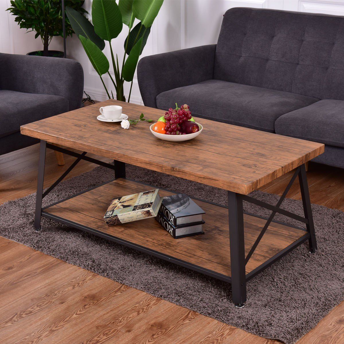Rectangular Metal Frame Wood Coffee Table With Storage Shelf | Coffee Regarding Metal 1 Shelf Coffee Tables (View 10 of 15)