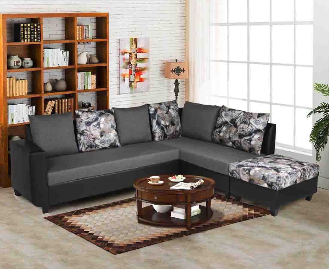 Rio Right Facing 7 Seater Cushion Back Corner Sofa With Ottoman – Grey &  Black Arra2209 Rs.35,999 Grey & Black Solid Wood Sofas Sectional Sofas |  Ammri Interiors Pvt. Ltd (View 13 of 15)
