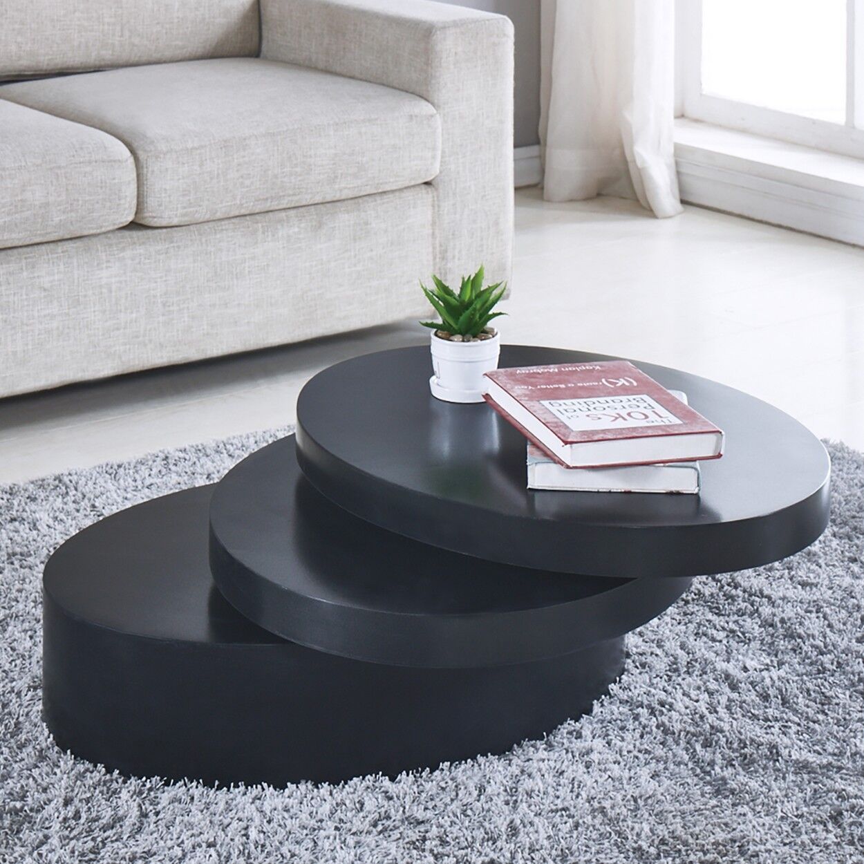 Round Black Coffee Table Rotating Contemporary 3 Layers Living Room For Full Black Round Coffee Tables (Photo 15 of 15)