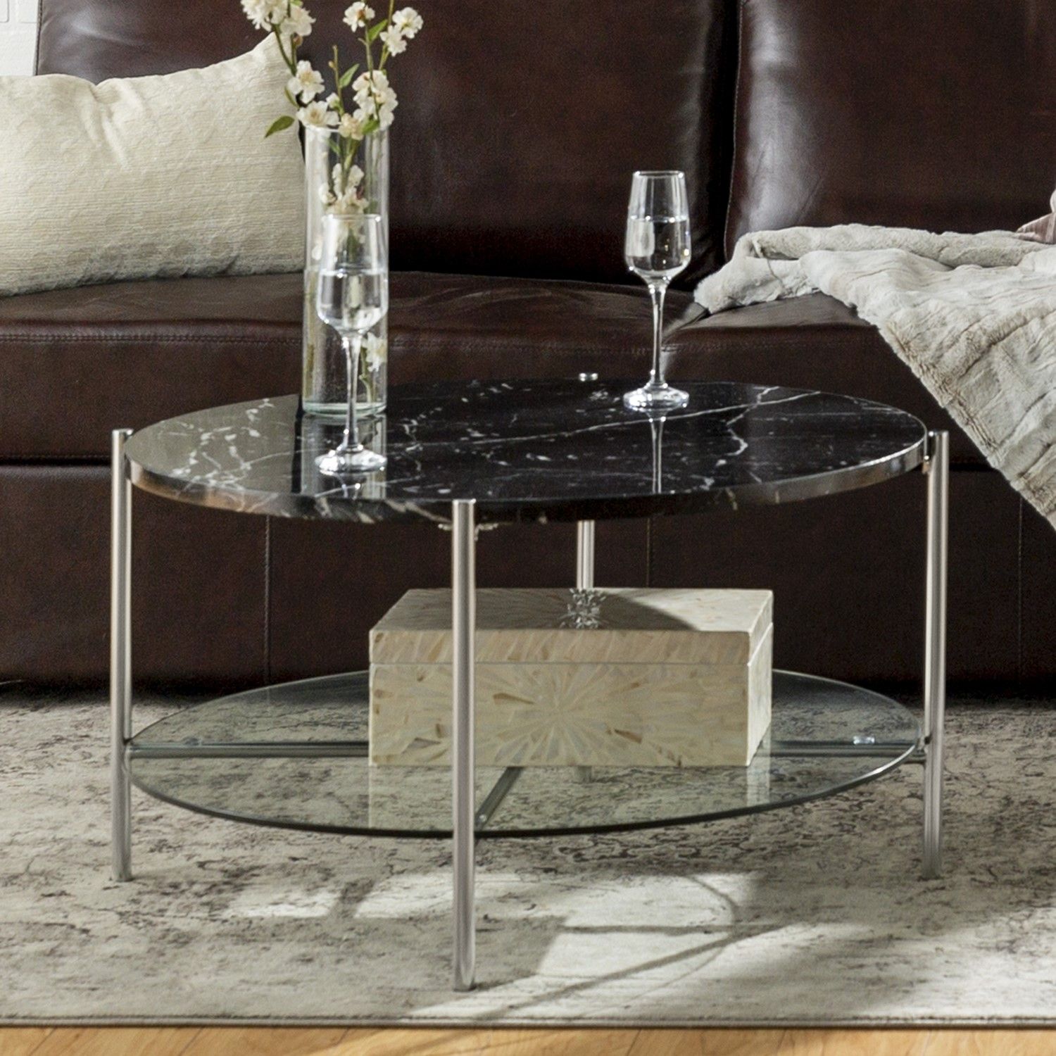 Round Black Faux Marble Coffee Table With Silver & Glass Base With Modern Round Faux Marble Coffee Tables (Photo 13 of 15)