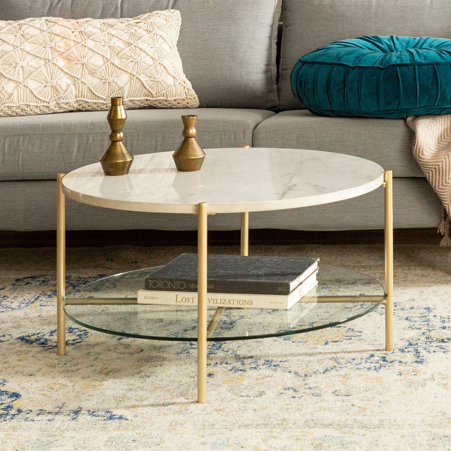 Round White Faux Marble & Gold Coffee Table With Glass Shelf | Pier 1 Within Modern Round Faux Marble Coffee Tables (Photo 5 of 15)