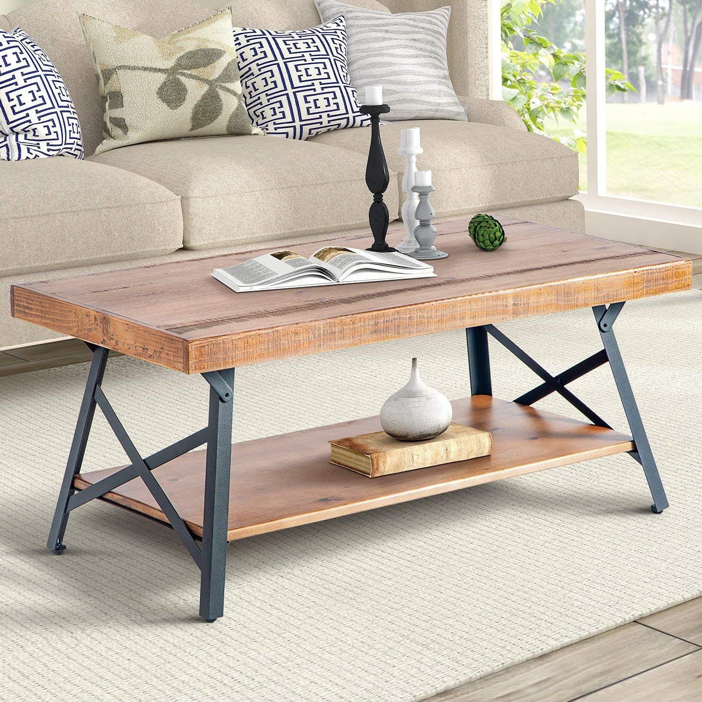 Rustic Brown Wood Coffee Table With Metal Legs | Buen Hogar Furniture Regarding Coffee Tables With Metal Legs (View 5 of 15)