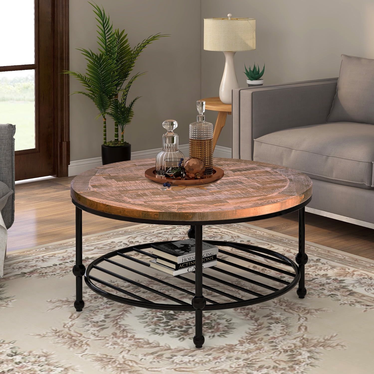Rustic Natural Round Coffee Table With Storage Shelf For Living Room In Coffee Tables With Open Storage Shelves (View 11 of 15)