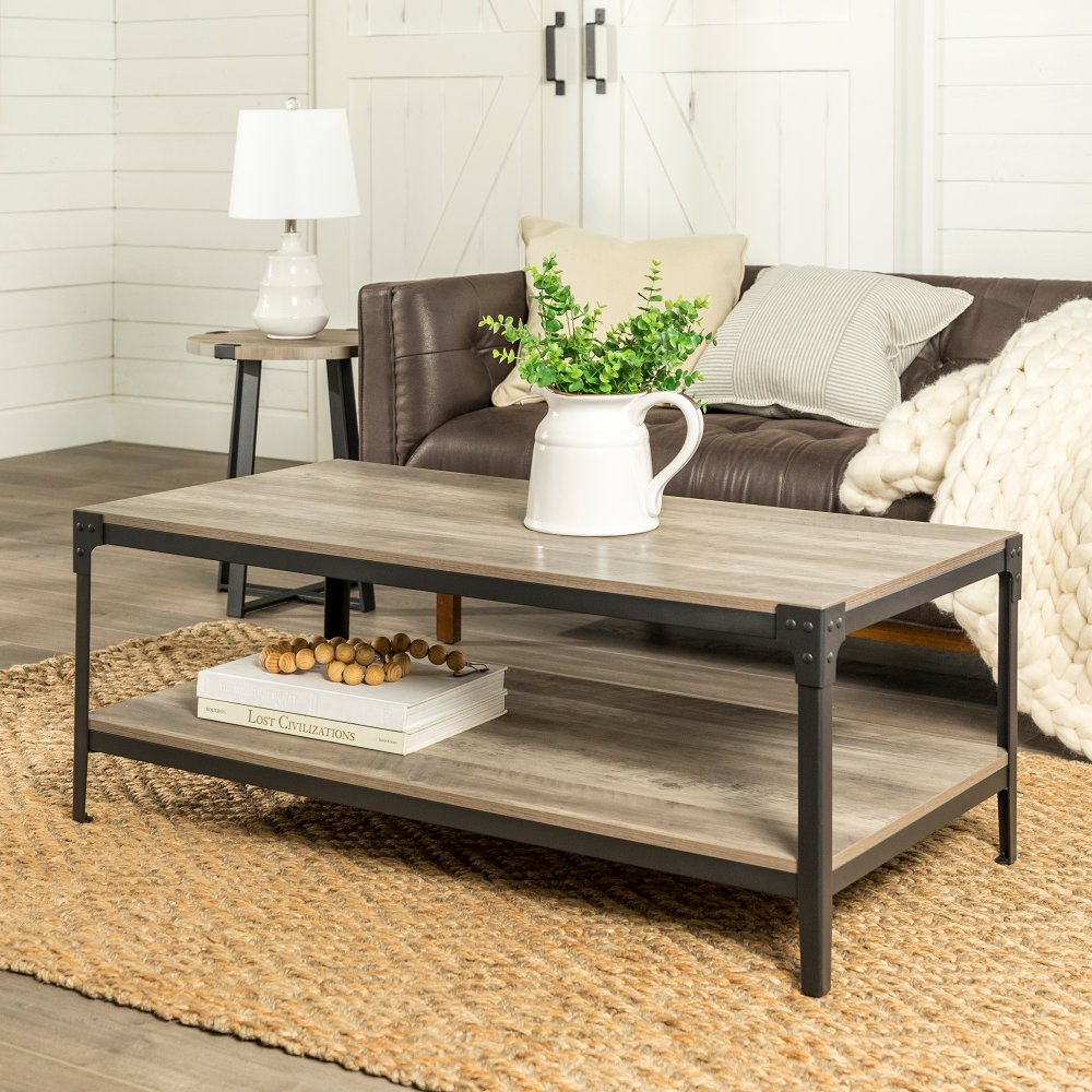 Rustic Wood Coffee Table – Gray Wash | Coffee Table, Coffee Table Wood Throughout Wood Coffee Tables With 2 Tier Storage (View 7 of 15)