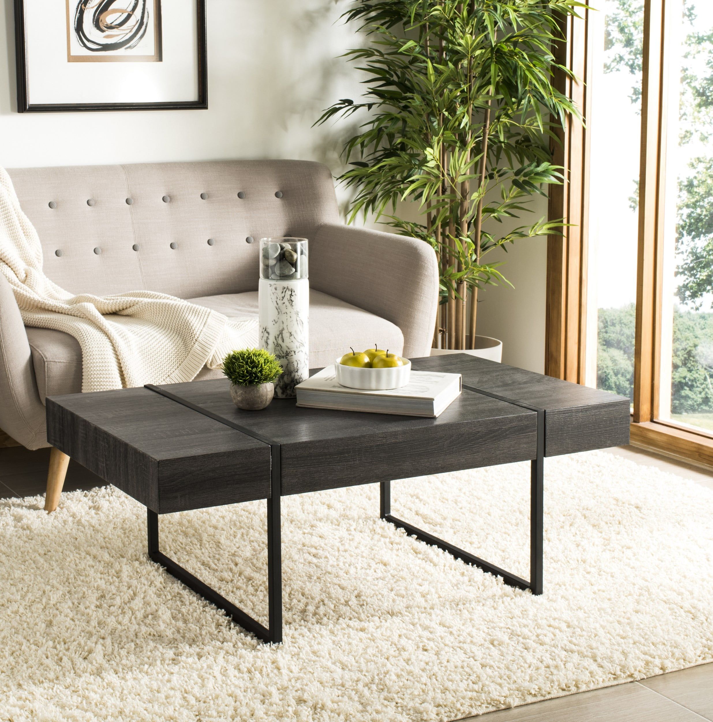 Safavieh Tristan Rectangular Modern Coffee Table Black – Walmart Pertaining To Rectangular Coffee Tables With Pedestal Bases (Photo 3 of 15)
