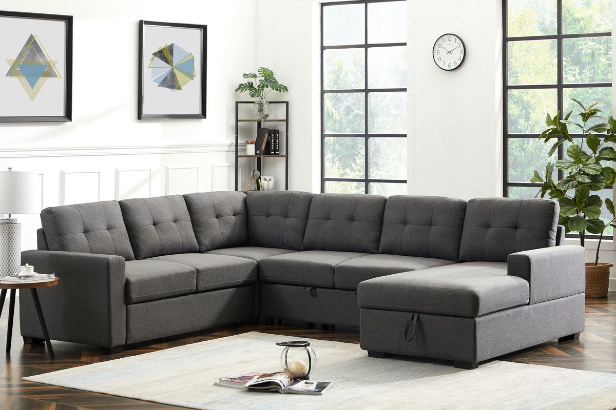 Selene Dark Gray Linen Fabric Sleeper Sectional Sofa With Storage Chaise Lilola Home | 1stopbedrooms Inside Dark Gray Sectional Sofas (View 12 of 15)