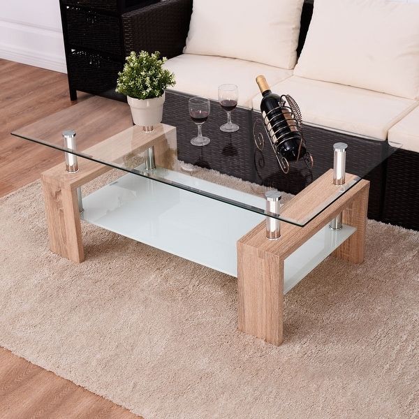 Shop Costway Rectangular Tempered Glass Coffee Table W/shelf Wood Regarding Wood Tempered Glass Top Coffee Tables (View 11 of 15)